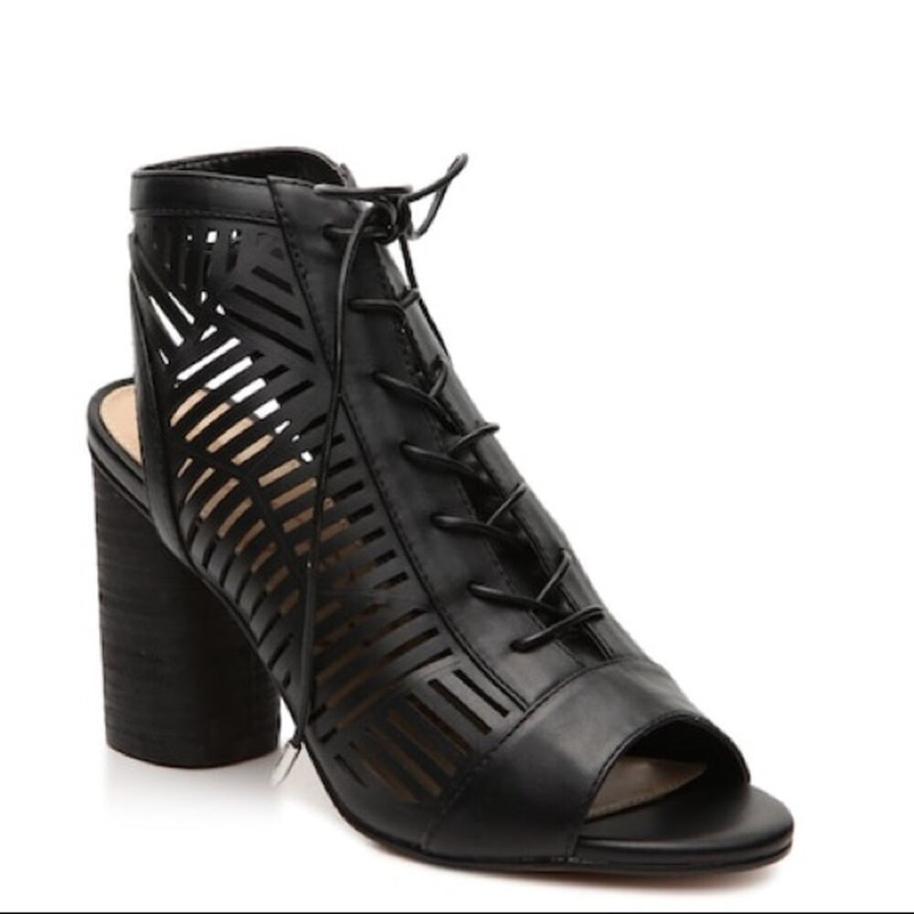 Sam Edelman Black Laser-Cut Lace-Up Peep Toe Block Heel Sandal